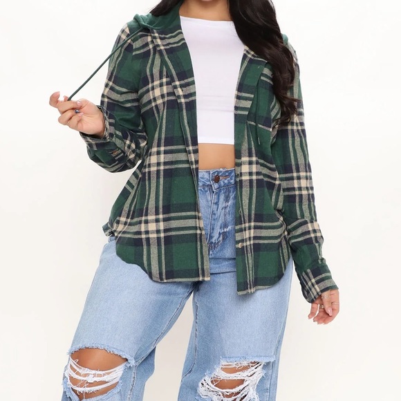 Plaid long sleeve shirt with hoodie green/combo - Picture 2 of 5
